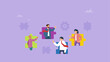 © yedsgn - Business teamwork aand discussion concept. Group of diverse business people putting discussing in pieces of a puzzle.