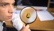 © New - A professional auditor in a dark suit examines documents with a magnifying glass, symbolizing investigation, precision, accountability, and the pursuit of truth in detailed analysis.