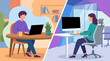 © Thilina Sandakelum - Hybrid Work Model Illustration Showing Home and Office Balance