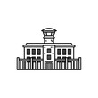 © Promm - Minimalist Linear Icon Illustration of a Prison Facility Building with a Guard Tower and Perimeter Fence Design