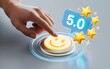 © Zihan Mia - Hand pressing glowing smiley face button with five star rating feedback system