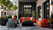 © JAKIA - Modern outdoor patio with stylish wicker furniture and vibrant cushions