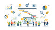 © Syaiin - A diverse team of professionals collaborating on business strategy, data analysis, and project management with various charts and icons representing growth and innovation.
