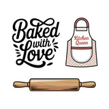 Baked with love kitchen queen apron and rolling pin isolated on transparent background