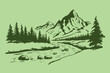 © Business Technology - Mountain landscape with river and pine forest illustration outline sketch vector illustration