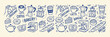 © FreelancerHasin - Hand drawn bakery and coffee doodle set. Sketch illustration of croissant, donut, cake, espresso machine and latte for cafe menu design.