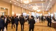 © CuteBee - Corporate professionals networking and walking through modern bright convention center lobby during business expo with blurred background and soft indoor lighting for professional environment