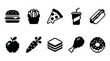 © Karina - Pixel art food icons collection showcasing a diverse range of delicious fast food, sweet treats, and healthy options in a charming retro digital style.