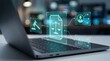 © Jo - Legal Tech and Cyber Law Concept: Glowing Holographic Document and Scales of Justice Icons Over Blurred Laptop Keyboard