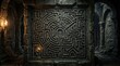 © madur - Intricate stone maze carving with figures and torchlight on ancient wall