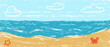 © vvvisual - Childish crayon sketch of sea coast horizon with sand beach, cute crab, starfish and white clouds. Textured vector background of marine landscape for children design.
