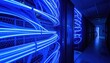 © HENDRA - Tangled Network of Illuminated Blue Fiber Optic Cables in a Server Room
