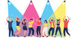 © Shakibb - A diverse group of young individuals dance energetically under vibrant blue, pink, and yellow spotlights within a clean and minimalist studio setting.