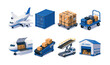 © 11ua - Collection of isometric illustrations depicting air cargo logistics and transportation services