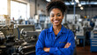 © Abdelati - Confident female industrial worker in blue overalls, smiling black woman engineer in manufacturing factory, professional technician in workshop isolated on White Background ai
