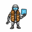 © adee - Futuristic robot holding a glowing blue device with stars.