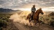 © Lunapix - A lone cowboy rides a horse kicking up dust on a rural trail at sunset