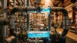 © arman - Close-up of industrial piping system with illuminated blue fluid flow, highlighting complex machinery and engineering processes.