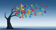 © Muzayyan - Colorful origami butterflies flying away from a black tree silhouette on blue background