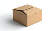 © Ardian - Isolated cardboard shipping box with lid slightly ajar, showing internal space on a plain white background, e-commerce packaging