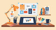 © Hasan - Creative designer working at modern home office with digital tools and inspiration board. Flat vector illustration of a designer workspace with laptop, color swatches, and creative planning elements.