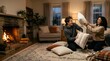© Jamesoliver - Happy couple having a playful pillow fight in cozy living room by fireplace