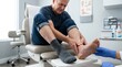 © An - A mature man sits in a medical examination chair, experiencing discomfort in his foot. A healthcare professional wearing gloves is examining his foot, applying a topical treatment.