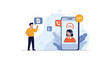 © Sufol - Young man talks to a female customer support representative on a large smartphone screen with service icons and 24-7 availability.