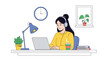 © MS - Young woman wearing headphones working on laptop at tidy desk with lamp plant books and cup of coffee in cozy home office.