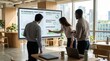 © Thea - Corporate team analyzing Q4 environmental impact report on digital screen, discussing CO2 reduction and renewable energy usage in modern sustainable office