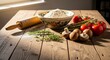 © Alpha - A rustic wooden kitchen table featuring fresh vegetables, a bowl of flour, rolling pin, and herbs under soft morning natural light for ads, dough, preparation, fresh