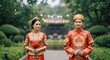 © Rio - 煌びやかな赤い伝統衣装を纏った幸せな夫婦が緑豊かな庭園の小道をゆっくり歩む背景に灯る温かい光が彼らの穏やかな笑顔と未来への希望を美しく照らす感動的な瞬間. AI Generated