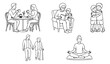 © usman - Minimalist line art people collection, set of 5 lifestyle vector illustrations, simple outline drawings of family activities and wellness