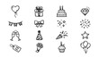 © MSTROMICCHA - Festive Doodle Icons Set with Heart Balloon Gift Cake and Party Flags Vector