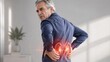 © Flash memory - Mature man holding his lower back because of kidney pain. Anatomy visualization of inflamed human organ. Internal health problem, medical treatment concept for urology and nephrology care.