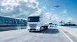 © professional design - Modern white semi truck driving on highway with cargo containers under blue sky and clouds