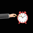 © lrunups - Stop time concept.Business metaphor.3D illustration flat design.Businessman in suit push back hour hand.Deadline.Time management.3D rendering on black Screen for footage and clipping path.
