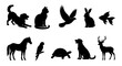 © Ali - Animals represented as black silhouettes include a domestic dog, cat, rabbit, bird, horse, parrot, turtle, and deer for versatile educational design projects.