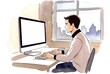 © OLA LA MERKEL - Young Professional Working at Desktop Computer in Modern Home Office Watercolor Illustration.