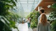 © AnnovaGraphics - People walking through a modern office hallway filled with lush green plants and natural light
