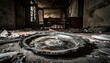 © Rendra - Tarnished silver serving platter rests in a desolate, decaying abandoned room filled with debris and shadows