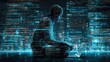 © Maham - A person sitting in a futuristic digital environment working on a laptop with code streaming behind them.