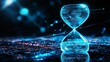 © Farah - Glowing digital hourglass made of blue light particles floating above a dark abstract circuit board