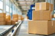 © Studio - Stacked cardboard boxes on automated conveyor belt in bright modern logistics warehouse, efficient shipping and ecommerce delivery concept, selective focus