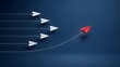 © emwe studio - Red paper airplane changing direction from white airplanes on dark blue background, symbolizing leadership, disruptive innovation and strategic vision