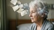 © Sofia - Elderly woman with dementia and memory loss concept. Senior female patient with floating calendar pages and glowing brain neurons. Alzheimer's disease and cognitive decline representation