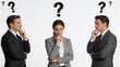 © Wei - Business team members looking confused with question marks above heads, thinking about problem or decision, corporate dilemma, uncertainty in workplace, brainstorming session,