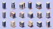 © Dewangga - Collection of modern isometric skyscraper icons and office building architectural models isolated on purple background, Represents urban planning visualization and provides corporate assets