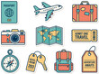 © Eps World - Set of travel adventure vacation stickers including passport airplane suitcase map camera ticket compass hotel key backpack with vacation stickers adventure passport airplane suitcase backpack