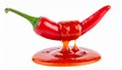 © photostockatinat - A vibrant red chili pepper with a dollop of spicy sauce dripping onto a pool of sauce below, against a clean white background.